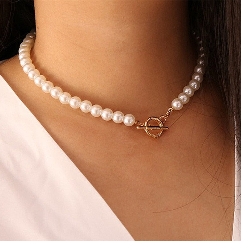 Goth Pearl Choker Necklace Gold Color Lasso Pendants Women Jewelry On The Neck Chain Beads Necklace Chocker Collar For Girl Kpop