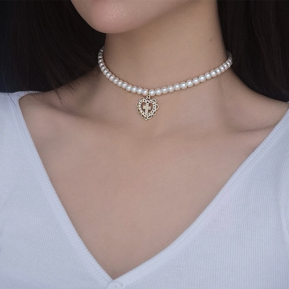 Goth Pearl Choker Necklace Gold Color Lasso Pendants Women Jewelry On The Neck Chain Beads Necklace Chocker Collar For Girl Kpop