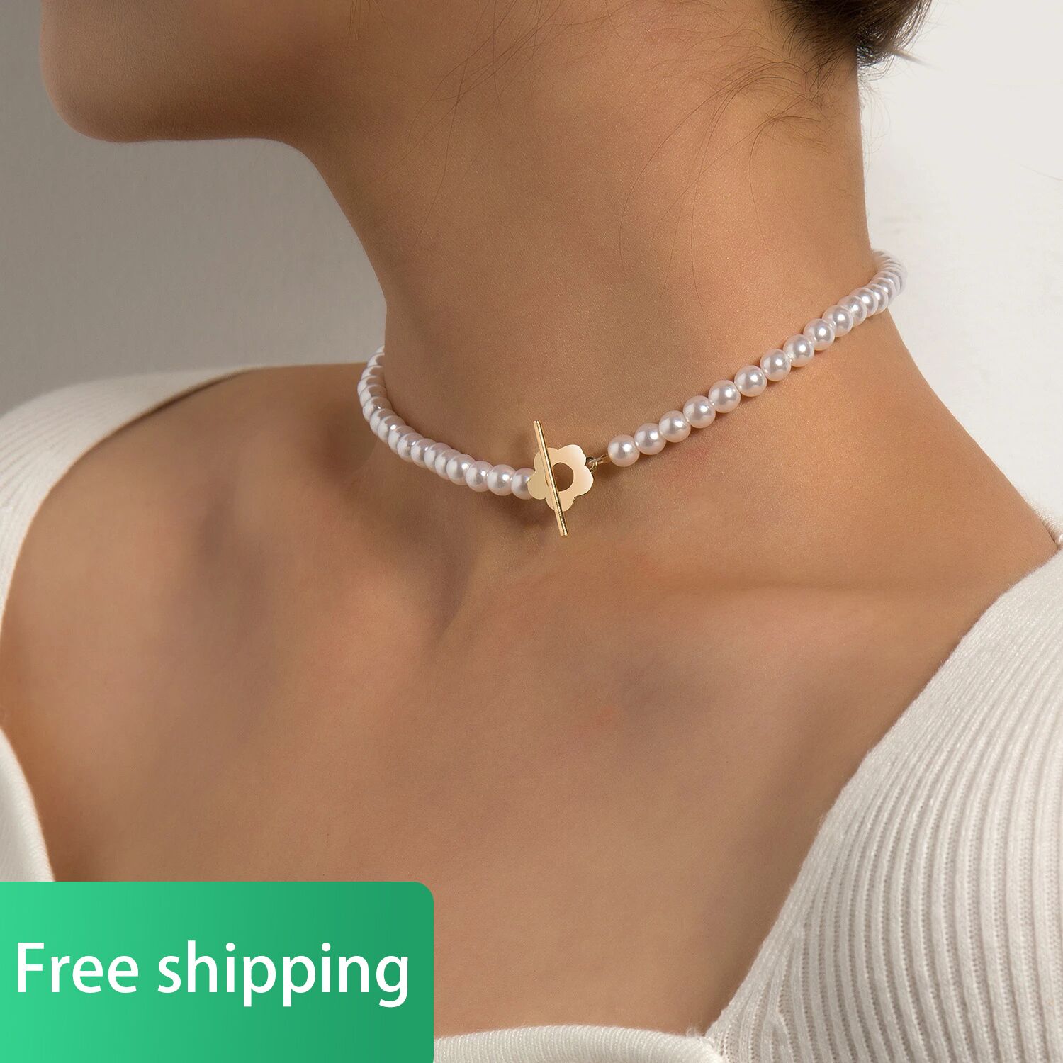 Goth Pearl Choker Necklace Gold Sliver Color Lasso Heart Rhinestone Cross Pendants Women Jewelry Neck Chain Beads Necklace