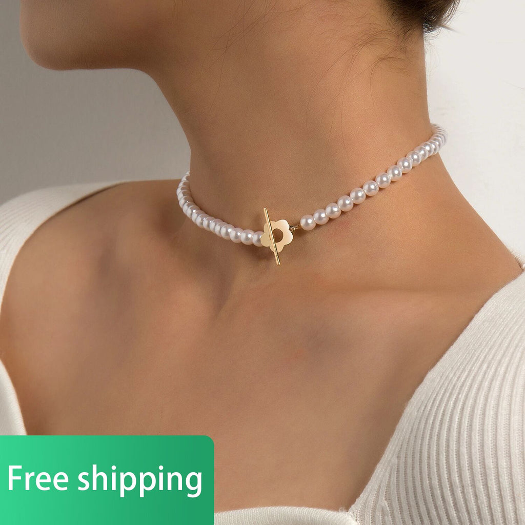 Goth Pearl Choker Necklace Gold Sliver Color Lasso Heart Rhinestone Cross Pendants Women Jewelry Neck Chain Beads Necklace