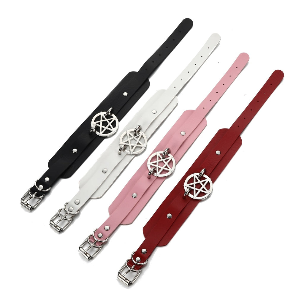 Goth Pentagram Necklace Star Choker Collar  Black Pu Leather Gothic Accessories Woman Witch Cosplay Jewelry