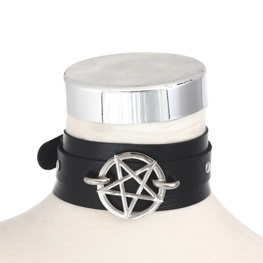 Goth Pentagram Necklace Star Choker Collar  Black Pu Leather Gothic Accessories Woman Witch Cosplay Jewelry