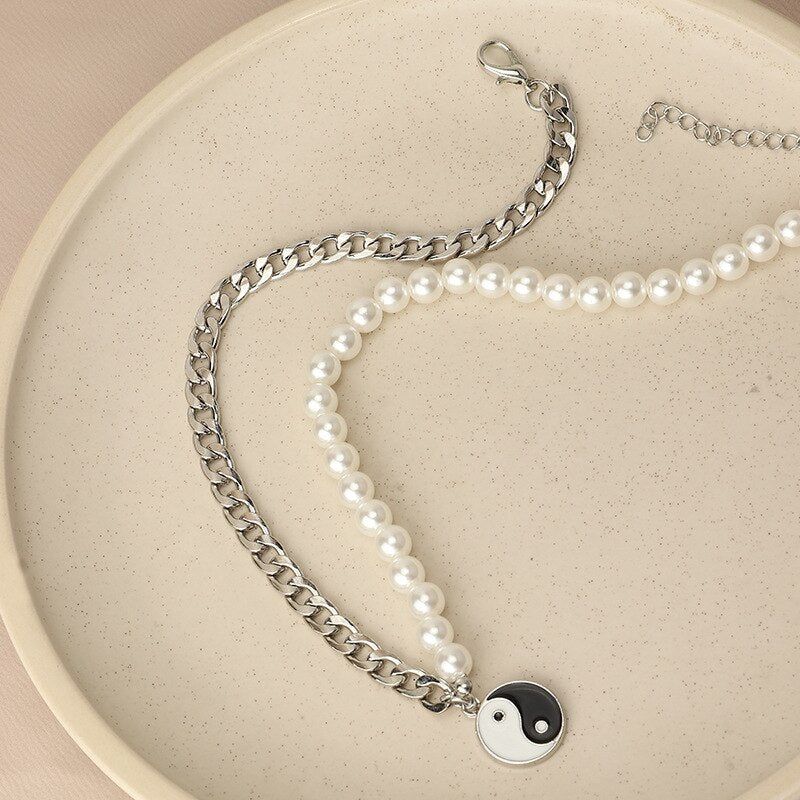 Goth Tai Chi Gossip Yin Yang Necklace for Women Beads Punk Vintage Pearl Necklace Charms Y2K Jewelry 90s Aesthetic Gifts
