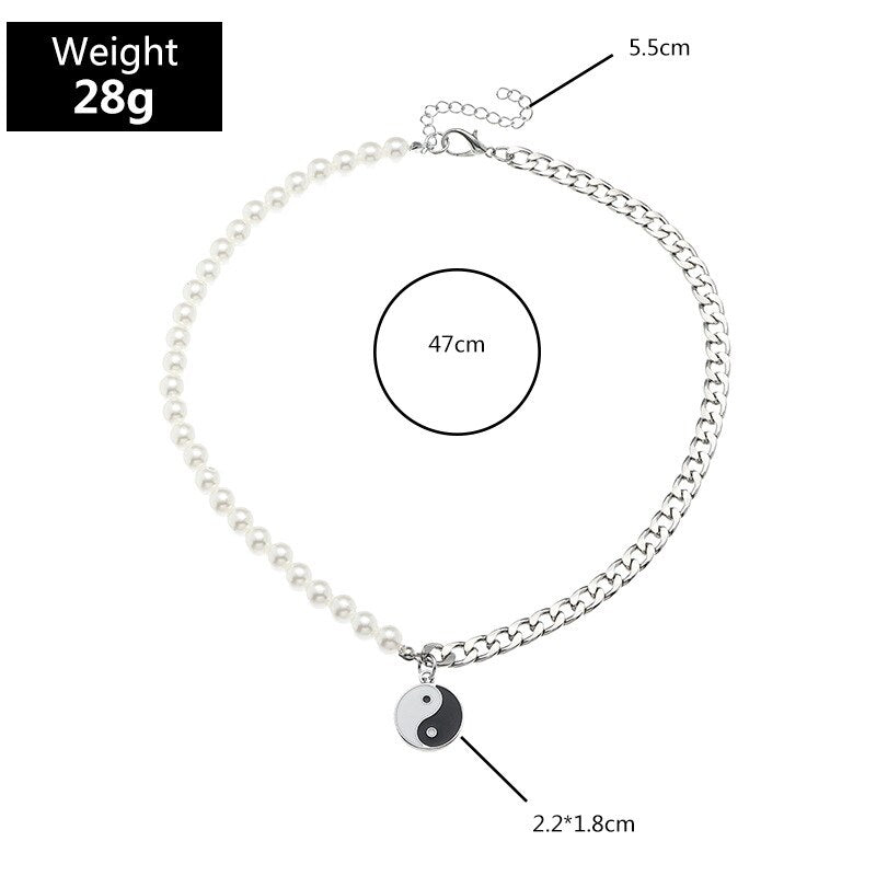 Goth Tai Chi Gossip Yin Yang Necklace for Women Beads Punk Vintage Pearl Necklace Charms Y2K Jewelry 90s Aesthetic Gifts