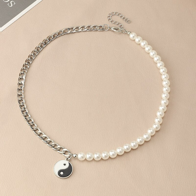 Goth Tai Chi Gossip Yin Yang Necklace for Women Beads Punk Vintage Pearl Necklace Charms Y2K Jewelry 90s Aesthetic Gifts