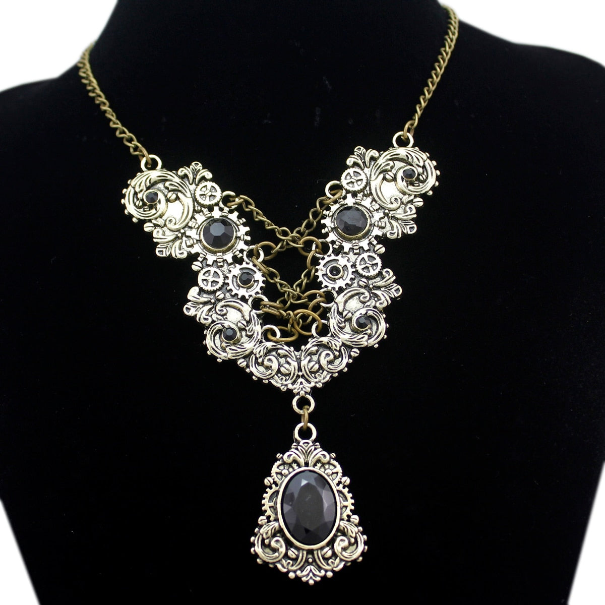 Goth Victorian Steampunk Necklace Gear Cog Lolita Black Stone Halloween Bib Southwest Western Hip Hop jewelry Tribal Statement