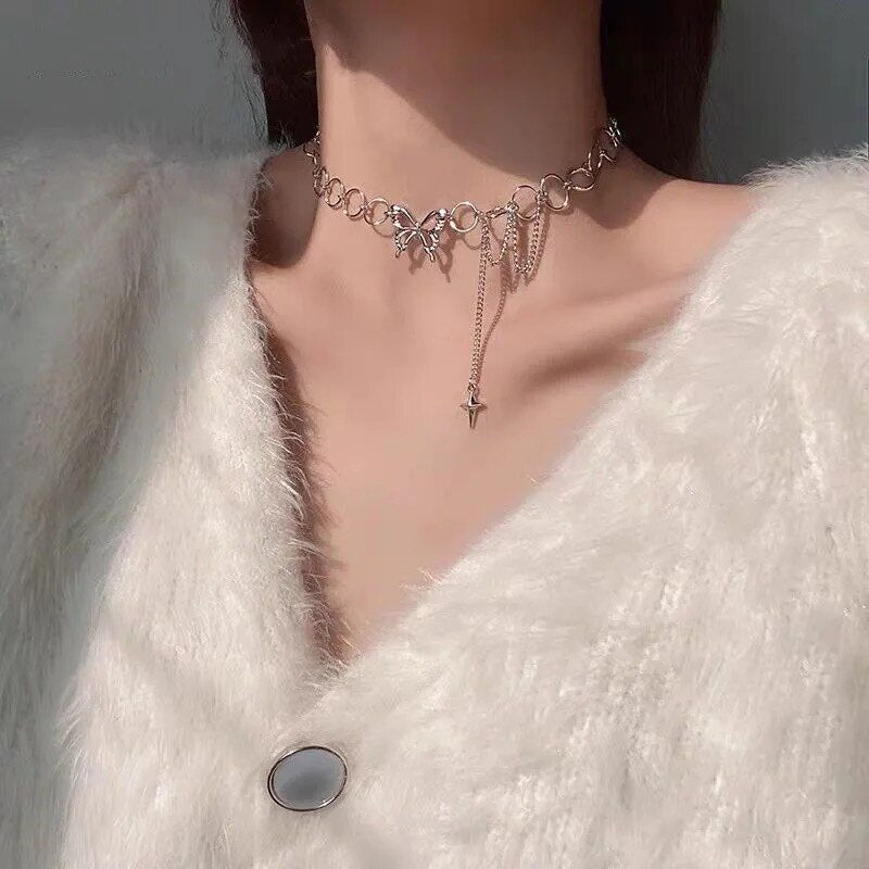 Goth Vintage E Girl Butterfly Choker Grunge Fairy Core Hollow Chain Necklace Harajuku Collar Streetwear goblincore Accessories