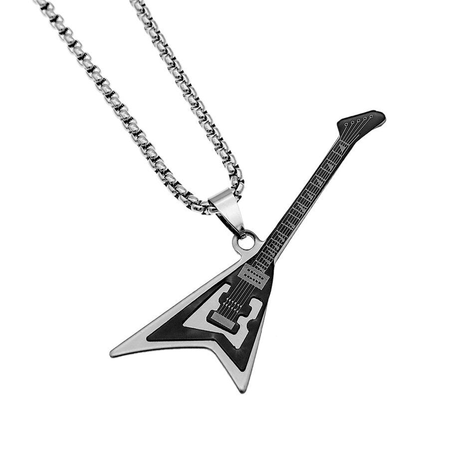 Gothic 2 layer Titanium Steel Guitar Necklace Men Musical Instrument Bass Pendant Women Jewelry Accessories Sweater Chain 4Color