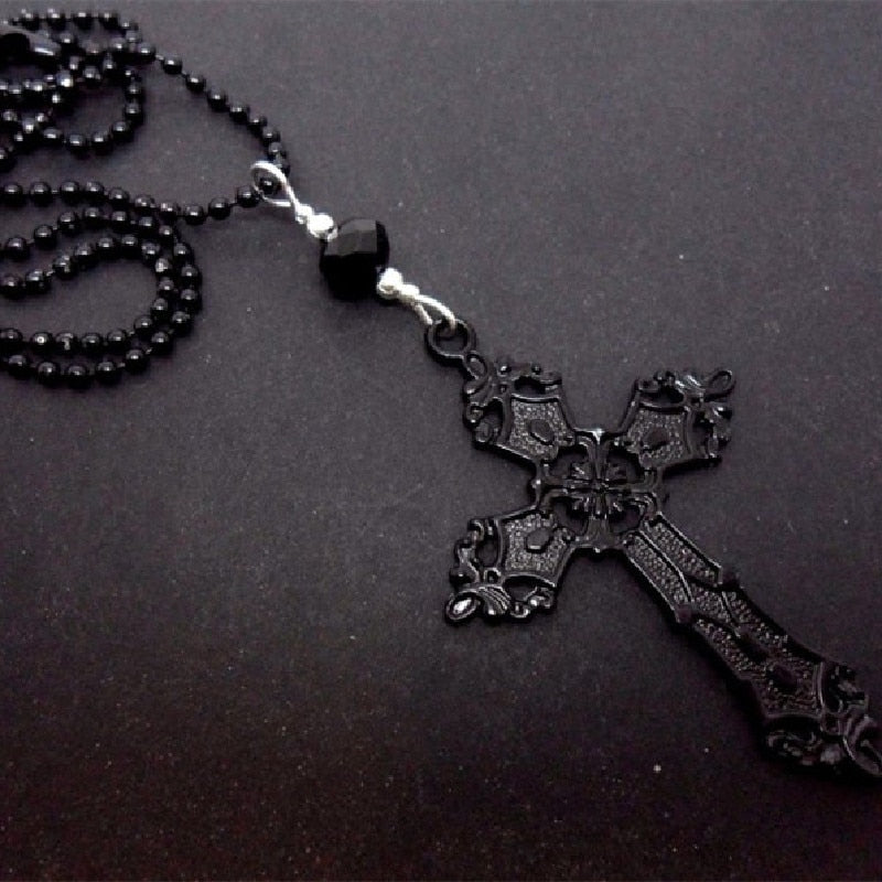 Gothic Black Cross Black Ball Chain Pendant Necklace Witchy Alternative Goth Witchy Punk Statement Gorgeous Jewelry Women Gift