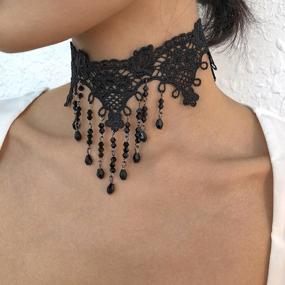 Gothic Black Lace Choker Necklace Collar Halloween Cosplay Jewelry Retro Vintage Chain Goth Accessories