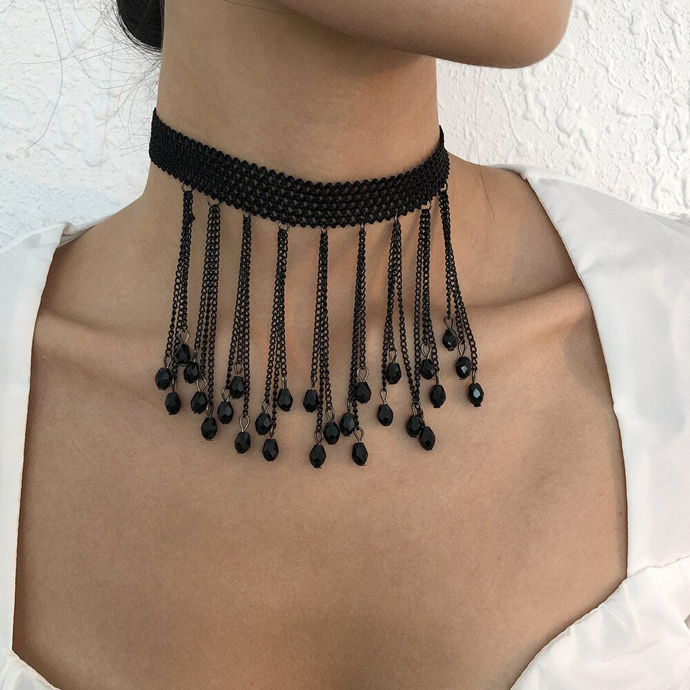 Gothic Black Lace Choker Necklace Collar Halloween Cosplay Jewelry Retro Vintage Chain Goth Accessories