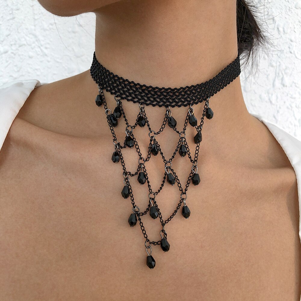 Gothic Black Lace Choker Necklace Collar Halloween Cosplay Jewelry Retro Vintage Chain Goth Accessories