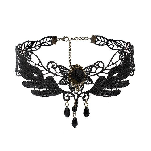 Gothic Chokers Black Beaded Flowers Sexy Lace Neck Choker Necklace Vintage Tassel Chain Women Steampunk Halloween Jewelry