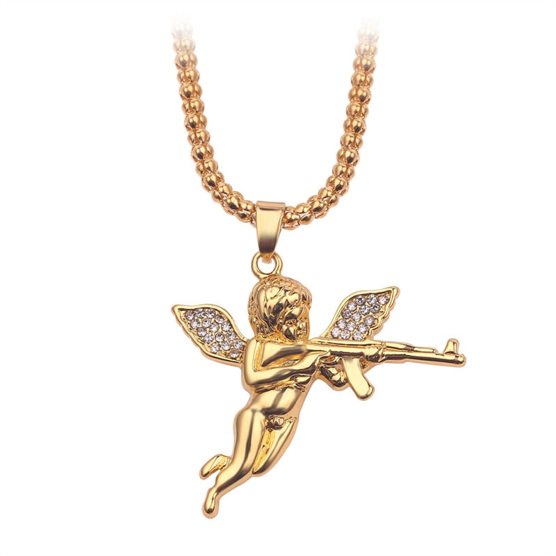 Gothic Creative Design Angel Cupid Gun Pendant Necklace Women's Rhinestone Chain Necklace Romantic Couple Memorial Jewelry