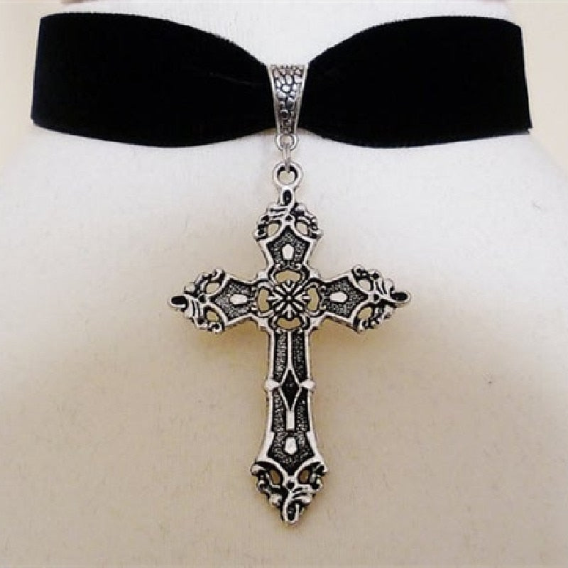 Gothic Cross Choker Velvet Pagan Wiccan Medieval Pendant Statement Steampunk Necklace Goth Jewelry Women Gift 2021 New