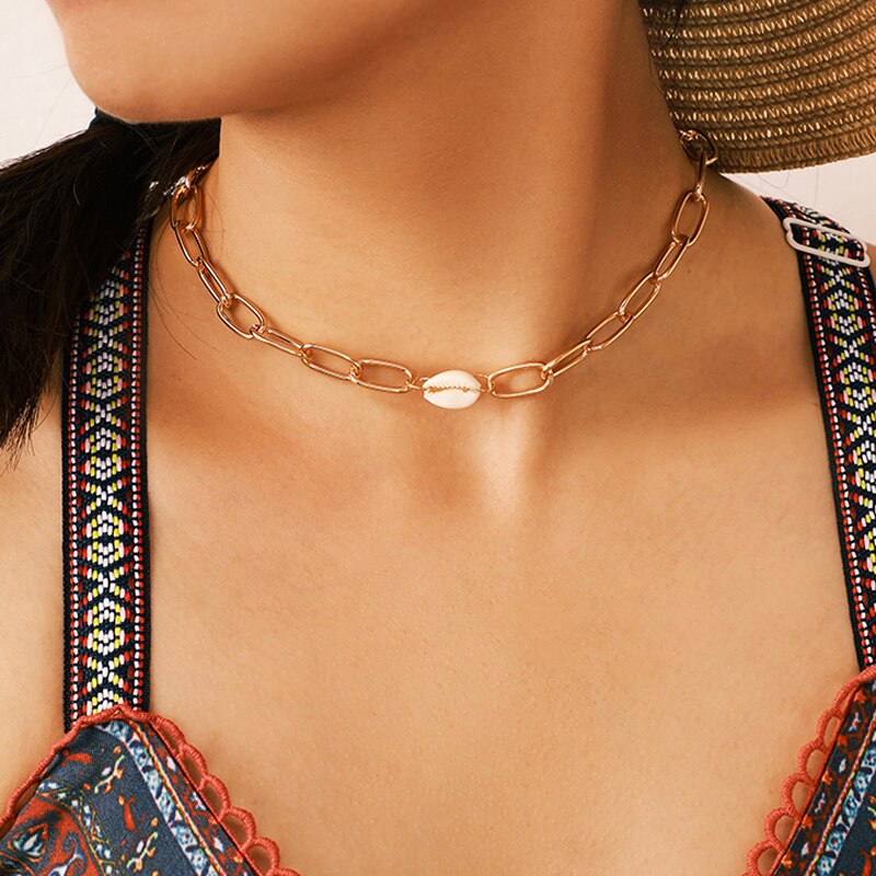 Gothic Cuban Chunky Chain Shell Choker Necklace Collares Hip Hop Cowrie Iron Thick Long Necklace Steampunk Women/Men Jewelry