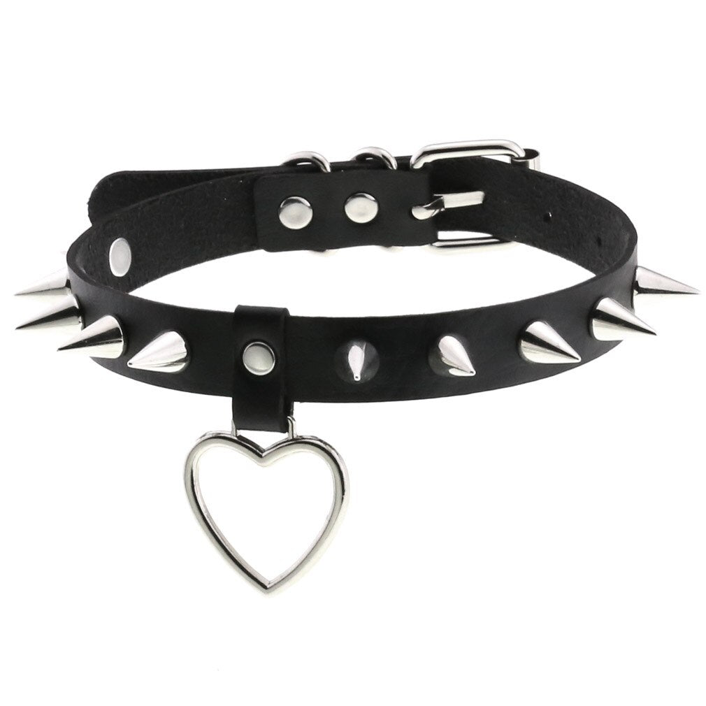 Gothic Faux Leather Spike Rivet Studded Choker Women Collares Punk Heart Pendant Necklace Cosplay Harajuku Jewelry