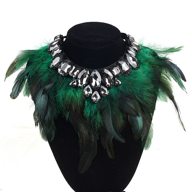 Gothic Feather Exaggeration  Women Brand Accessories Crystal Statement Necklace Collar