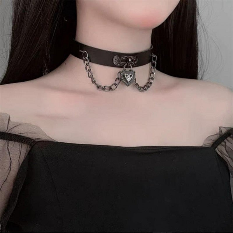 Gothic Heart Lock Leather Choker Necklaces For Women Girls Retro Vintage Punk Hip Hop Leather Neckalce Jewelry Gifts