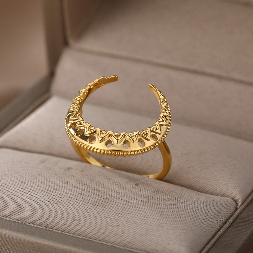 Gothic Hollow Moon Rings For Women Stainless Steel Gold   Color Finger Ring Wedding Band Jewerly Couple Gift anillos mujer
