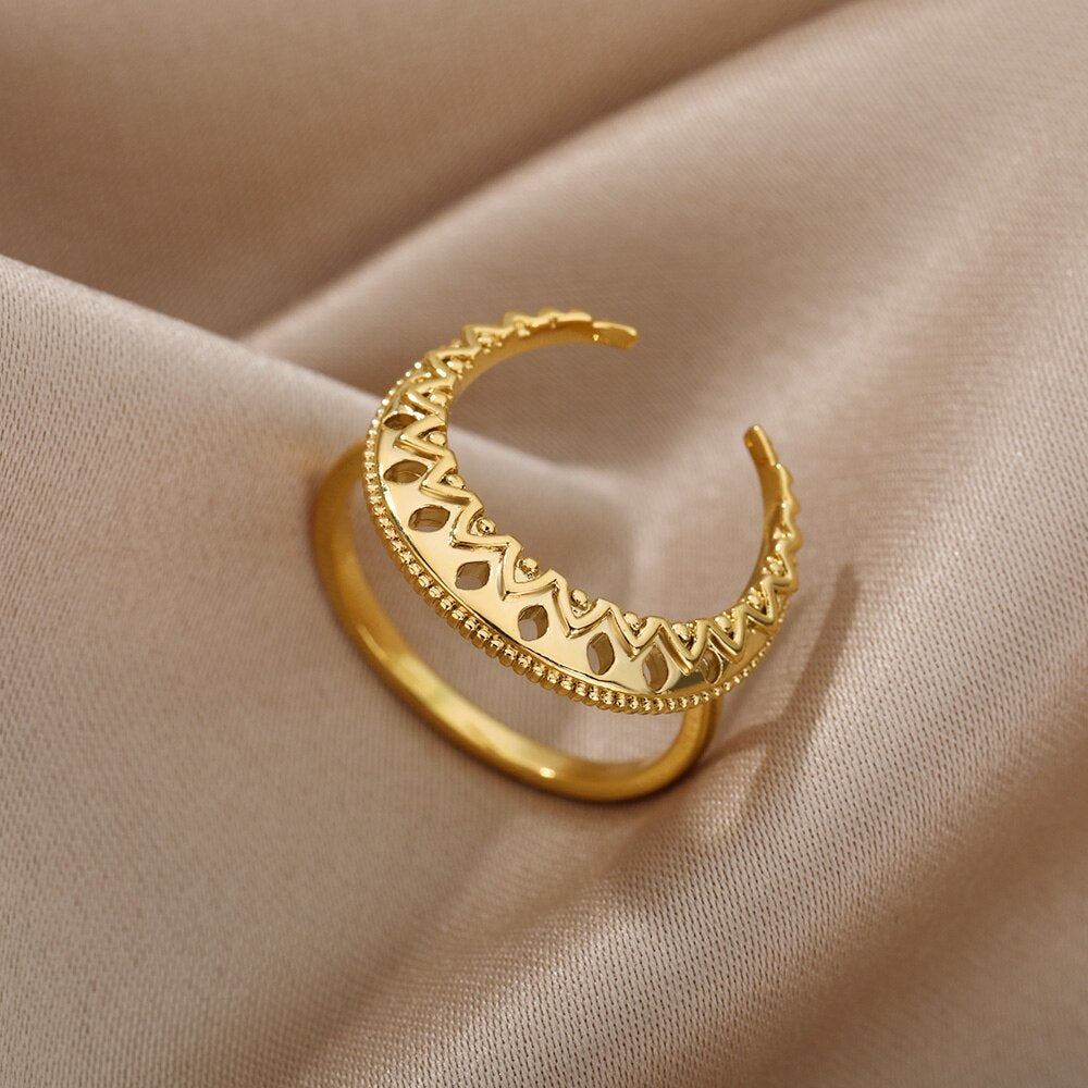 Gothic Hollow Moon Rings For Women Stainless Steel Gold   Color Finger Ring Wedding Band Jewerly Couple Gift anillos mujer