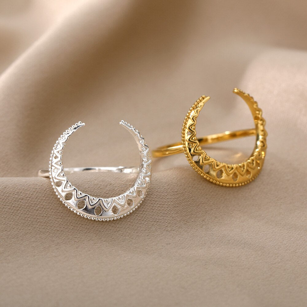 Gothic Hollow Moon Rings For Women Stainless Steel Gold   Color Finger Ring Wedding Band Jewerly Couple Gift anillos mujer
