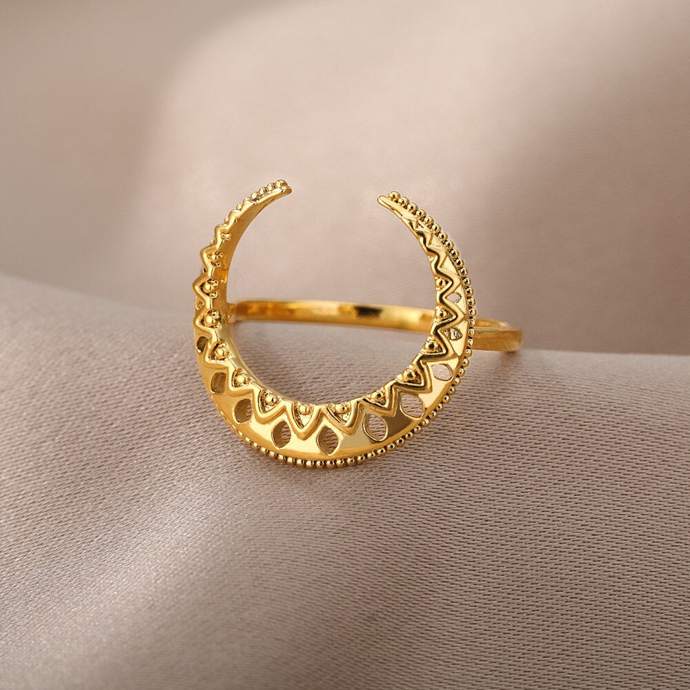 Gothic Hollow Moon Rings For Women Stainless Steel Gold   Color Finger Ring Wedding Band Jewerly Couple Gift anillos mujer