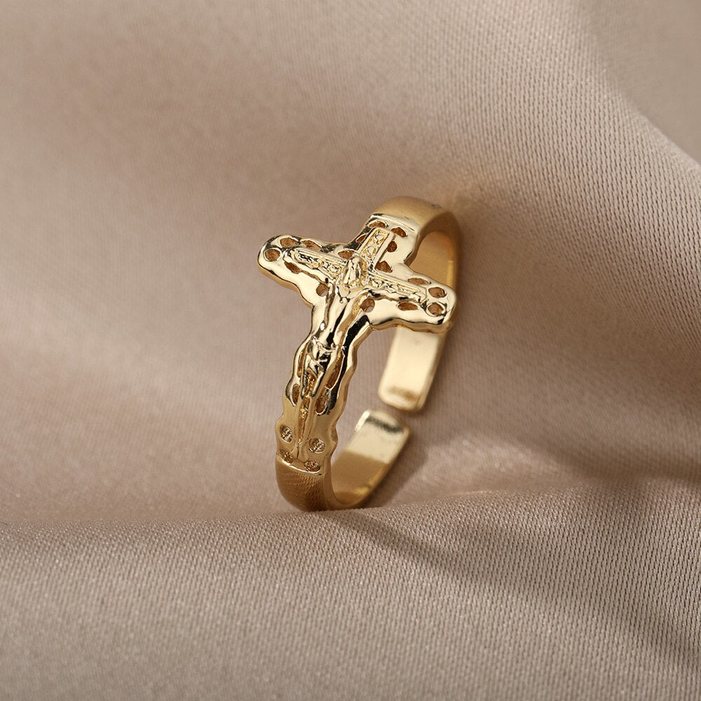 Gothic Jesus Cross Rings For Women Men Stainless Steel Open Adjustable Finger Ring VIntage Couple Wedding Jewelry anillos mujer
