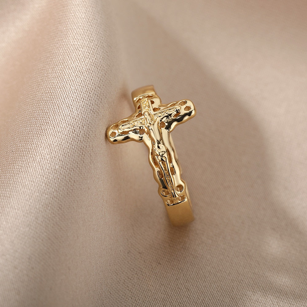 Gothic Jesus Cross Rings For Women Men Stainless Steel Open Adjustable Finger Ring VIntage Couple Wedding Jewelry anillos mujer