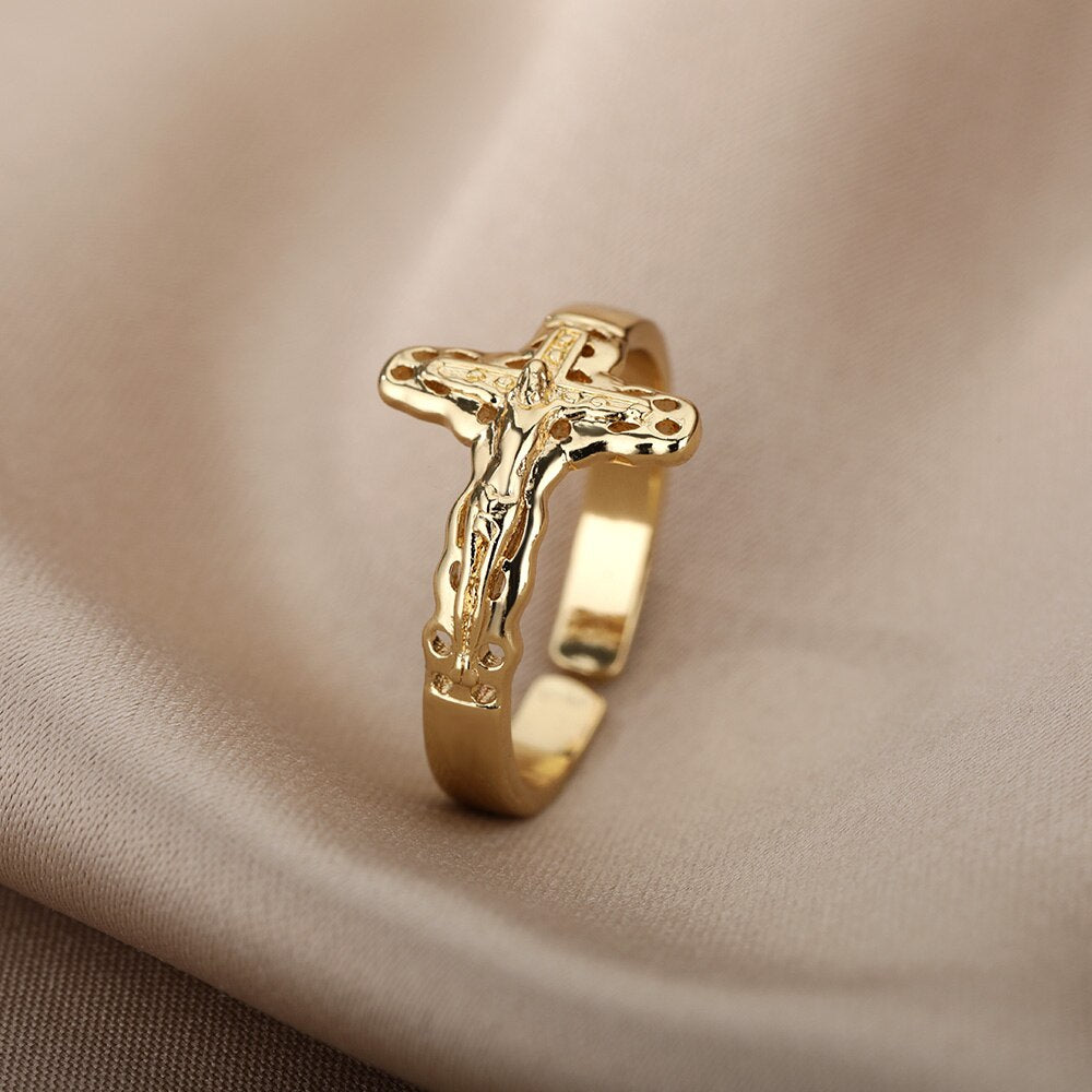 Gothic Jesus Cross Rings For Women Men Stainless Steel Open Adjustable Finger Ring VIntage Couple Wedding Jewelry anillos mujer