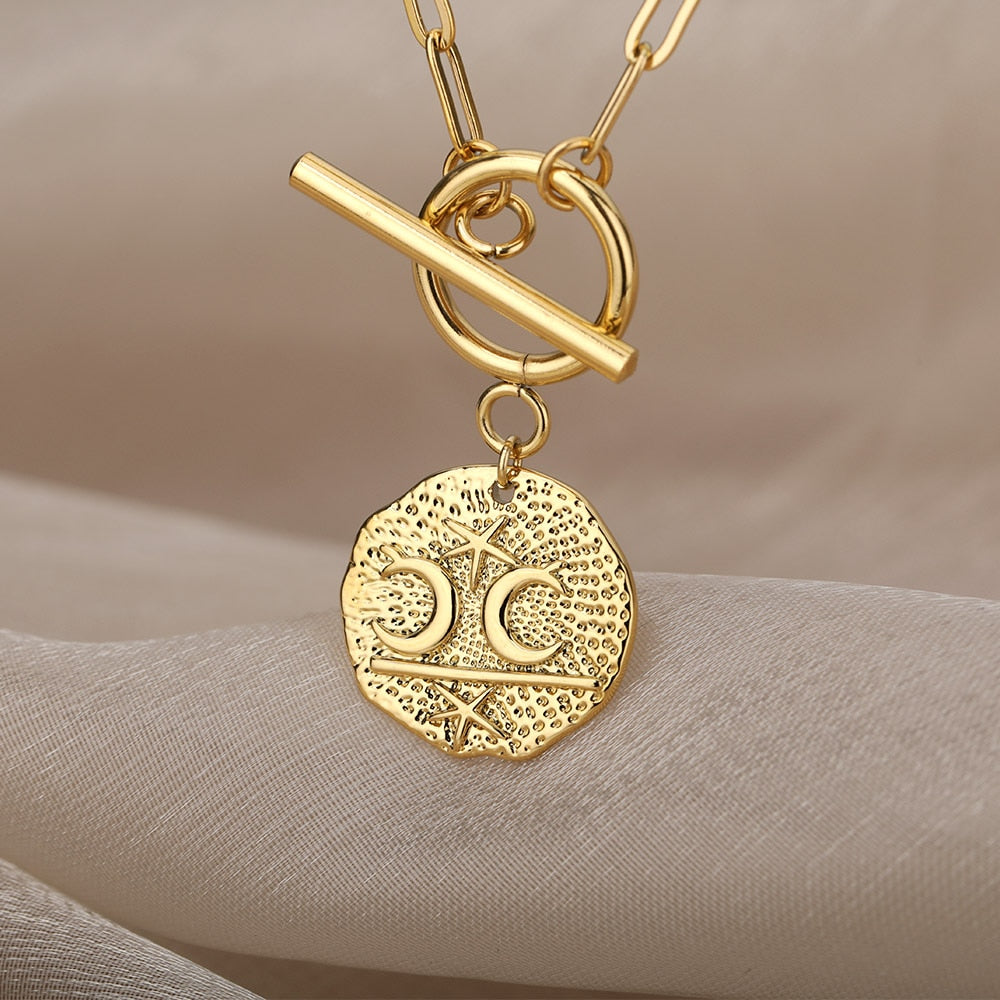 Gothic Moon And Star Necklace For Women Stainless Steel Pin Chain Round Pendant Necklaces Vintage OT Buckle Choker Jewelry