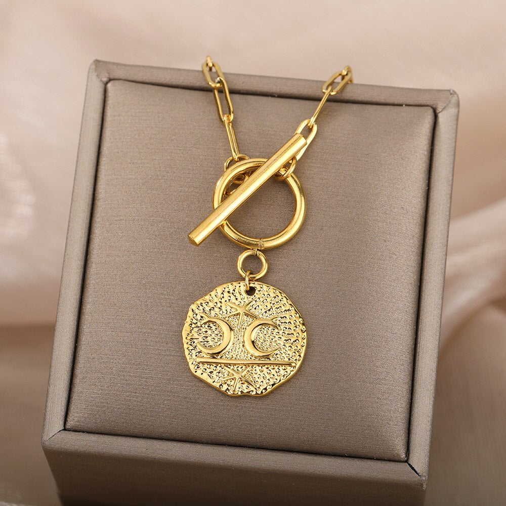 Gothic Moon And Star Necklace For Women Stainless Steel Pin Chain Round Pendant Necklaces Vintage OT Buckle Choker Jewelry