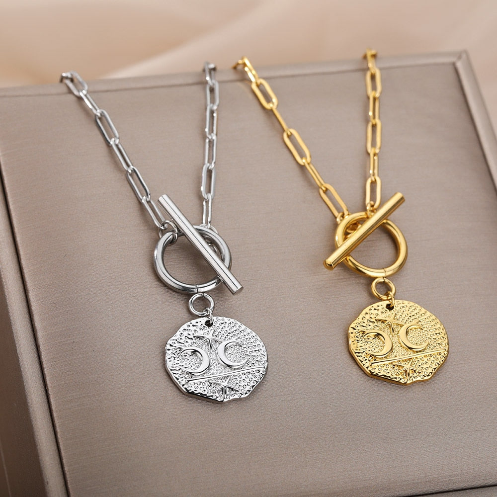 Gothic Moon And Star Necklace For Women Stainless Steel Pin Chain Round Pendant Necklaces Vintage OT Buckle Choker Jewelry