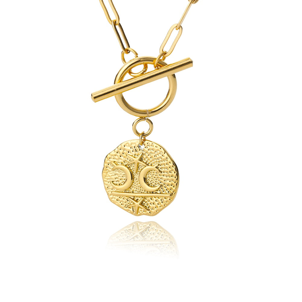 Gothic Moon And Star Necklace For Women Stainless Steel Pin Chain Round Pendant Necklaces Vintage OT Buckle Choker Jewelry