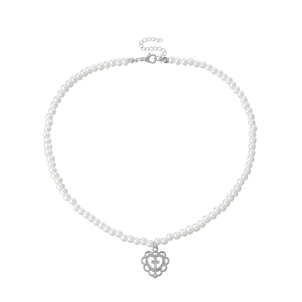 Gothic Pearl Cross Pendant Necklace Jesus Vintage Heart Chocker Clavicle Chain Necklace Charm Jewelry for Women