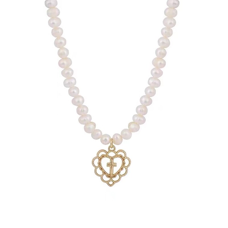 Gothic Pearl Cross Pendant Necklace Jesus Vintage Heart Chocker Clavicle Chain Necklace Charm Jewelry for Women