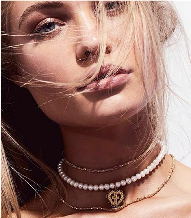 Gothic Pearl Cross Pendant Necklace Jesus Vintage Heart Chocker Clavicle Chain Necklace Charm Jewelry for Women