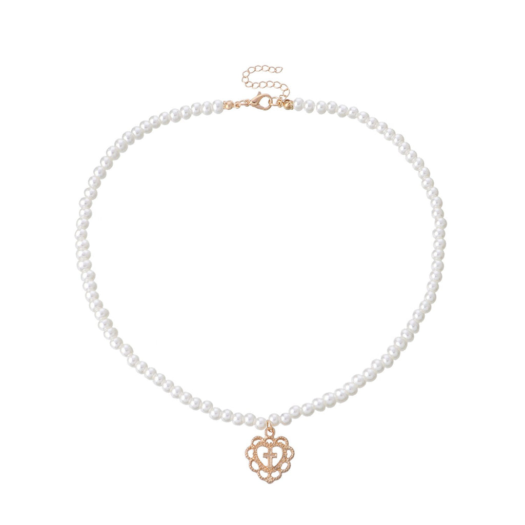 Gothic Pearl Cross Pendant Necklace Jesus Vintage Heart Chocker Clavicle Chain Necklace Charm Jewelry for Women