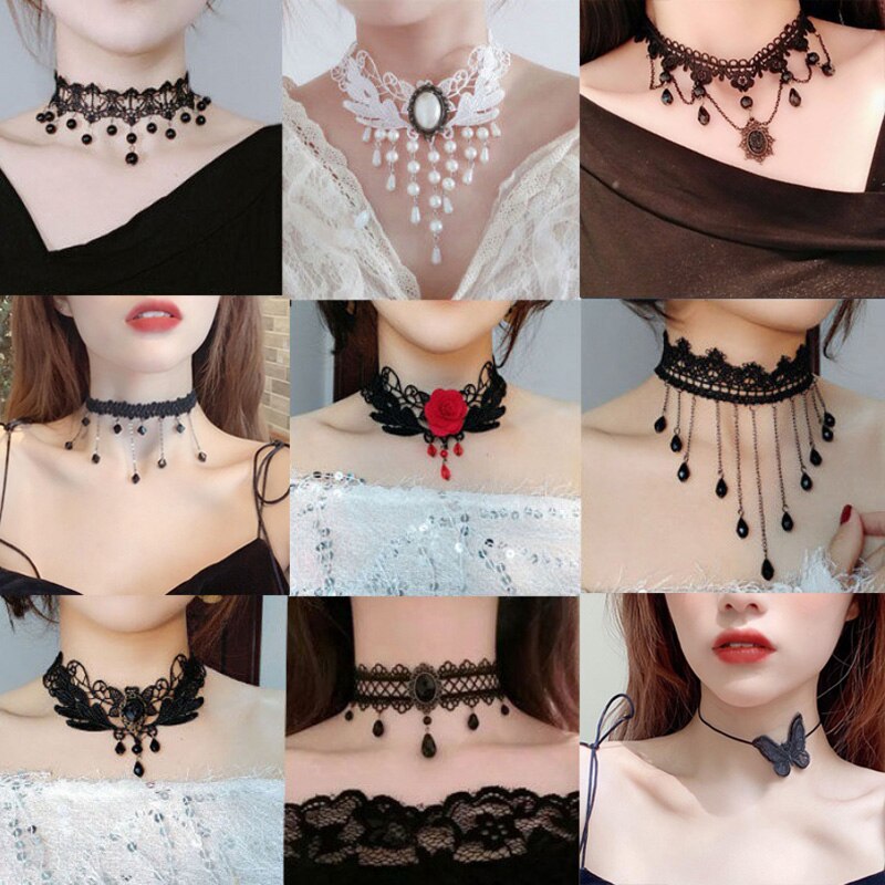 Gothic Punk Lace Choker Necklace For Women Teens Girls Rivet Heart  Collar Necklace Rock Jewelry Gifts Party  Necklace