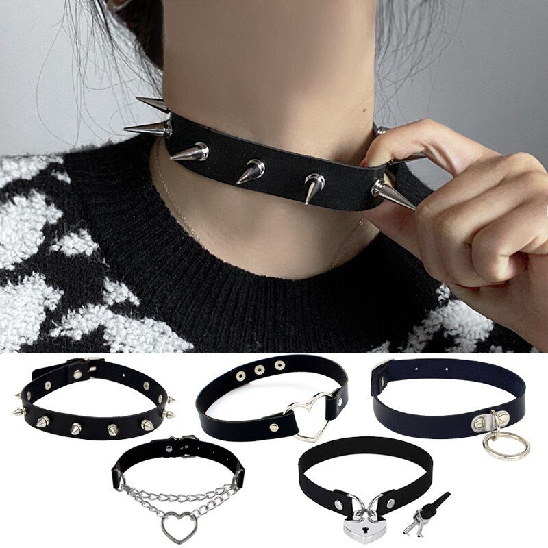 Gothic Punk Leather Choker Necklaces For Women Teens Girls Classic Rivet Heart Cross Collar Necklace Rock Jewelry Gifts