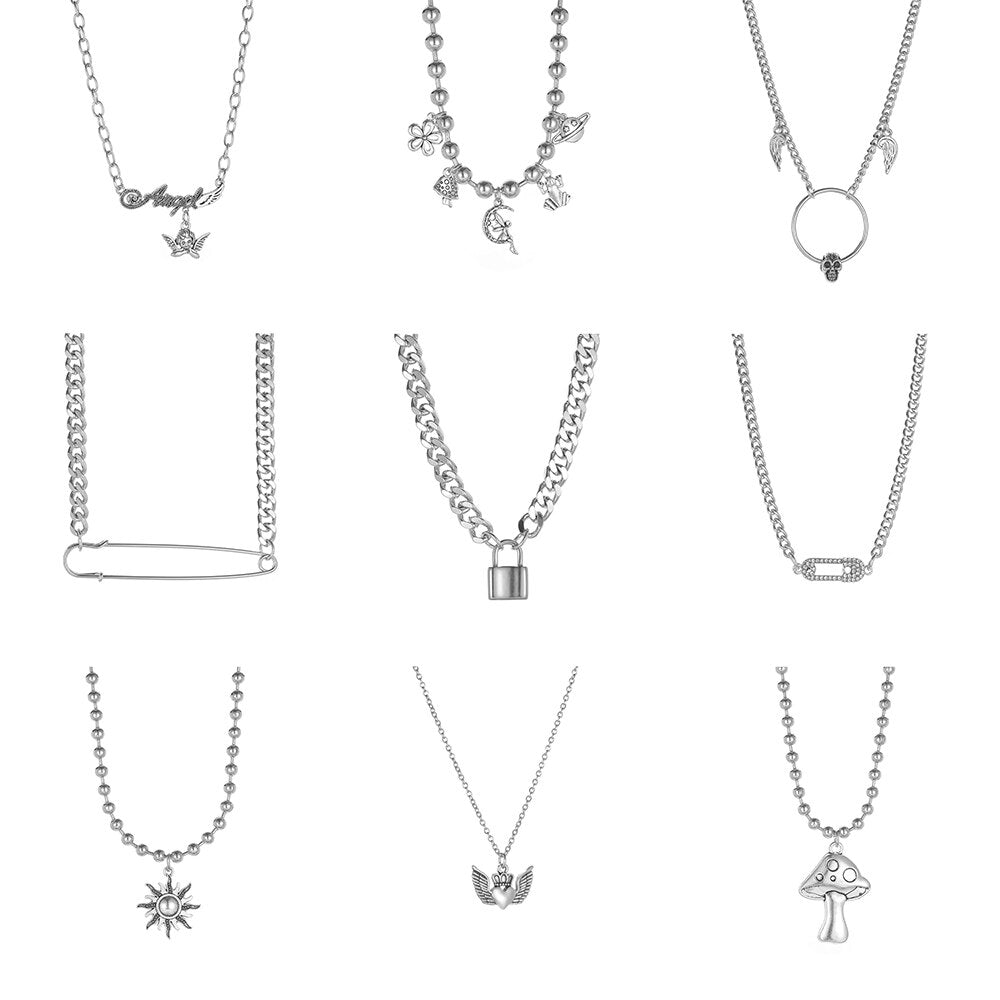 Gothic Silver Color Chain with Lock Safety Pin Choker Necklace for Women Men Vintage Angel Wings Necklace Statement Punk Jewelry