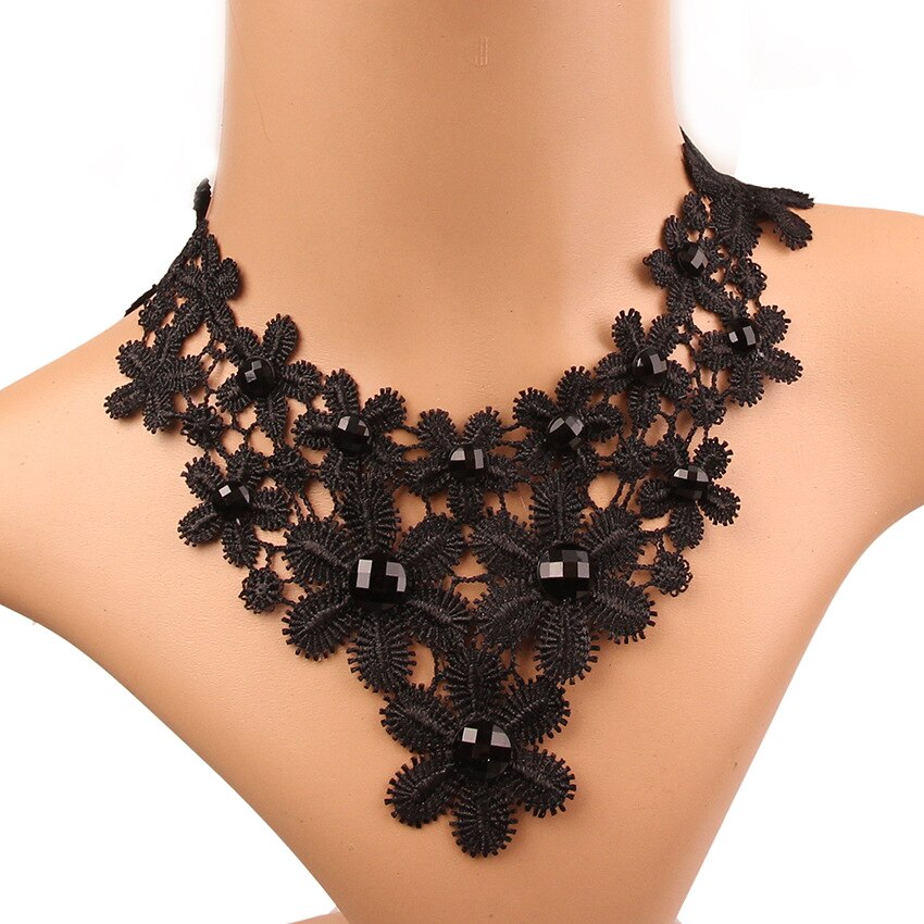 Gothic Statement Flower Necklaces For Women Black Crystal Hollow Lace Necklace Flowers Tassel Charm Choker Accessory