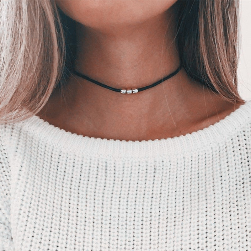Gothic Style Black Rope Women's Neck Chain Choker Rope Necklaces Gold Color Beads Goth Jewelry 2021 Collar For Girl kpop Chocker