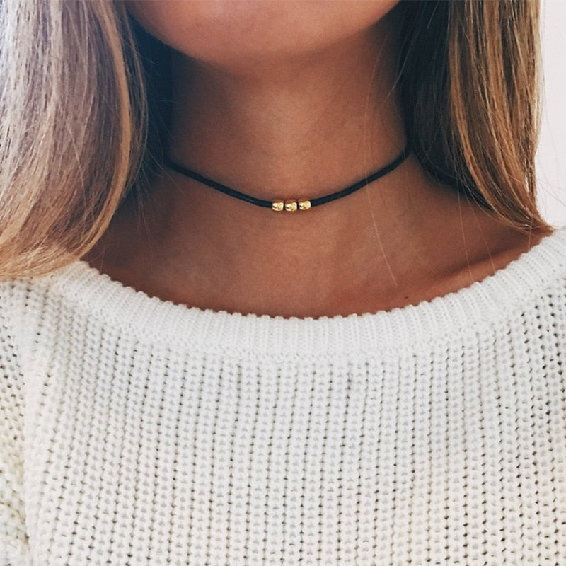 Gothic Style Black Rope Women's Neck Chain Choker Rope Necklaces Gold Color Beads Goth Jewelry 2021 Collar For Girl kpop Chocker