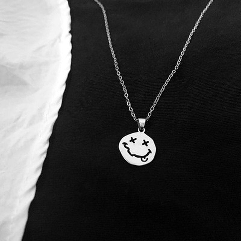 Gothic Style Smile Face Neck Pendant Women Men Long Chain Goth Necklace Couple Jewelry 2021 Cool Streetwear Kpop Collar For Girl