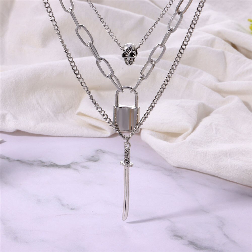 Gothic Sword Skull Lock Pendant Necklace For Women Vinyage Punk Multi Layered Necklace Occult Tarot Dark Party Jewelry 2021 New
