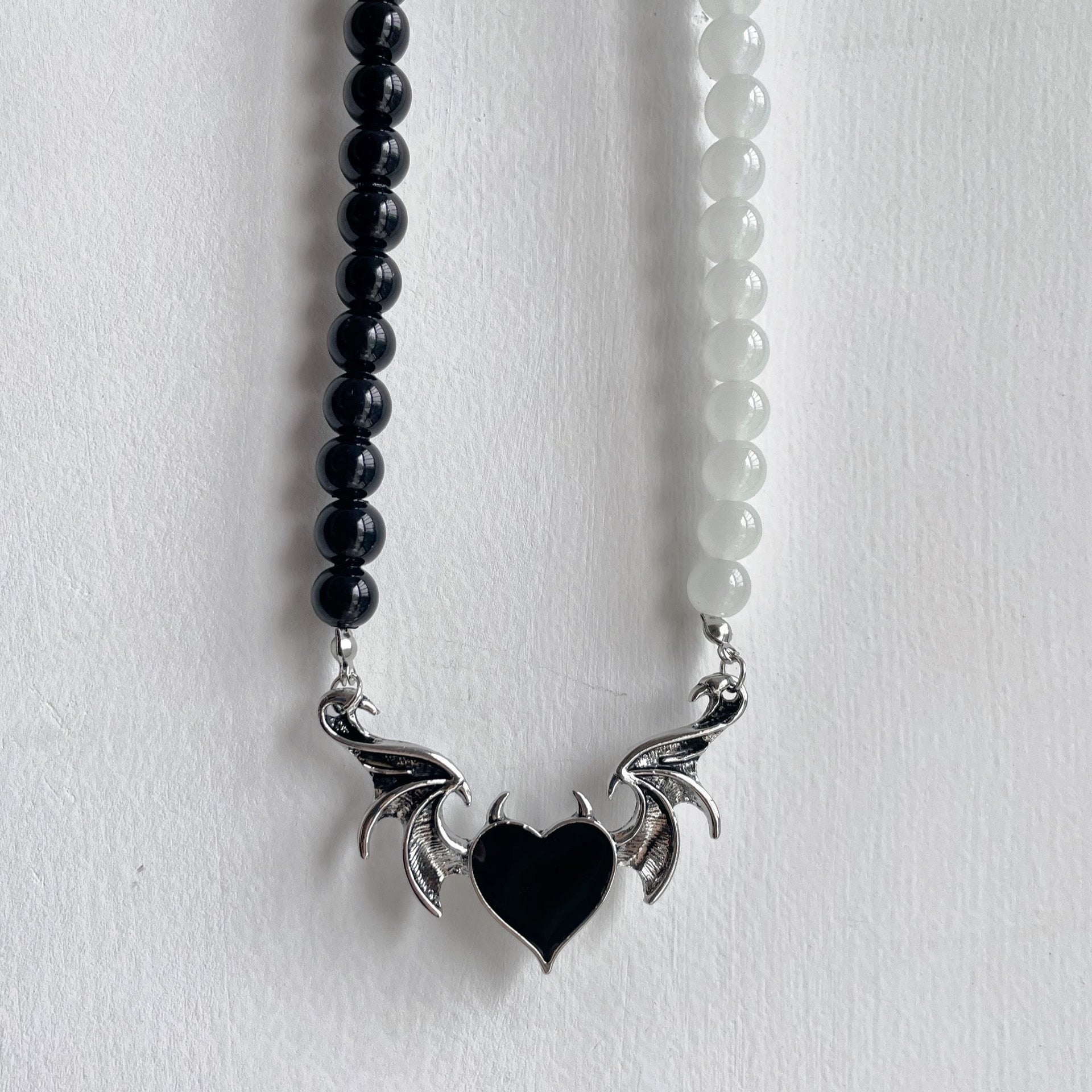 Gothic Vintage Metal Black Peach Heart Devil Wings Chokers for Women Hip Hop Beads Strand Chains Necklaces Y2K Jewelry