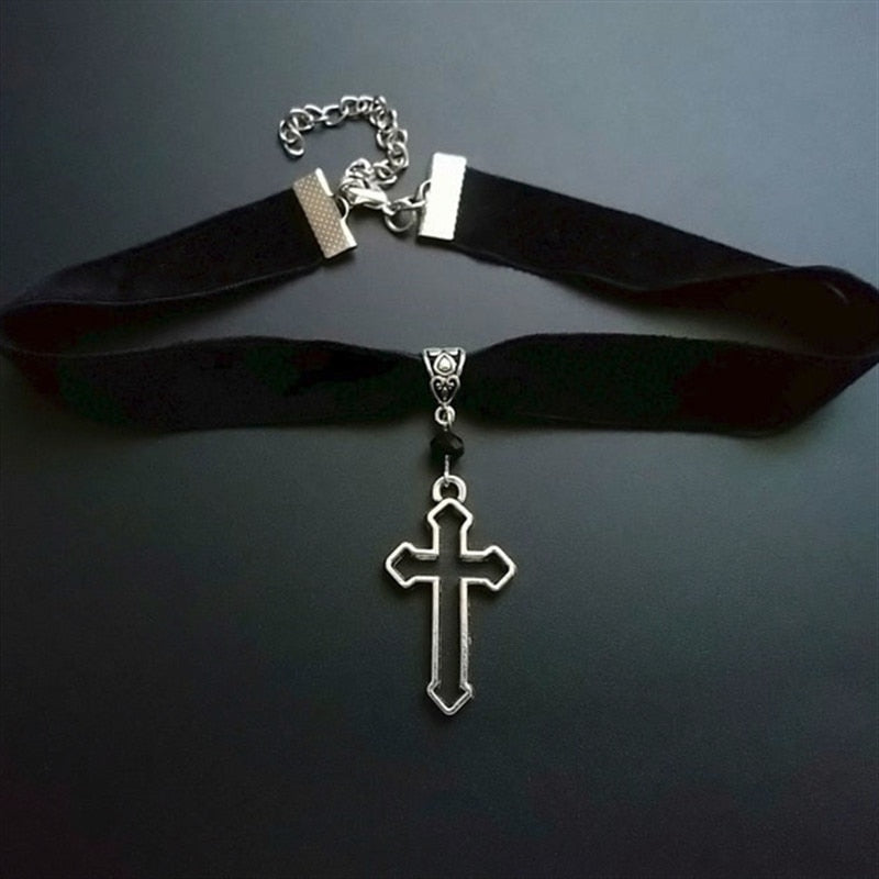 Gothic cross choker black velvet with hollow cross pendant choker wide  novelty charm charm women gift 2021  friend