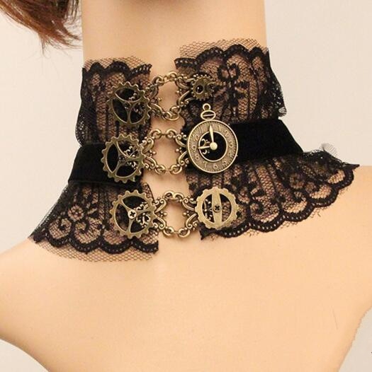 Gothic punk vintage Steam engine gear clock black lace choker necklace for women sexy wide collar party jewelry statement femme