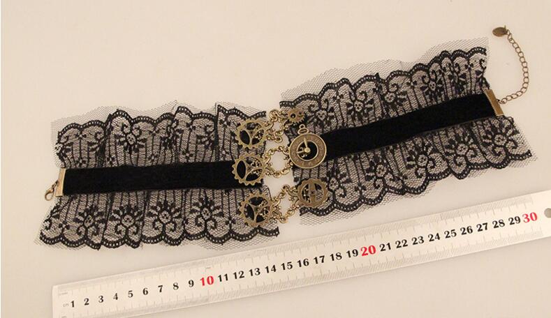 Gothic punk vintage Steam engine gear clock black lace choker necklace for women sexy wide collar party jewelry statement femme